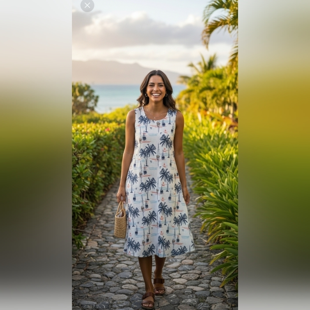 Fairhope Tropical Paradise Sleeveless Midi Dress With Pockets Women's Size M